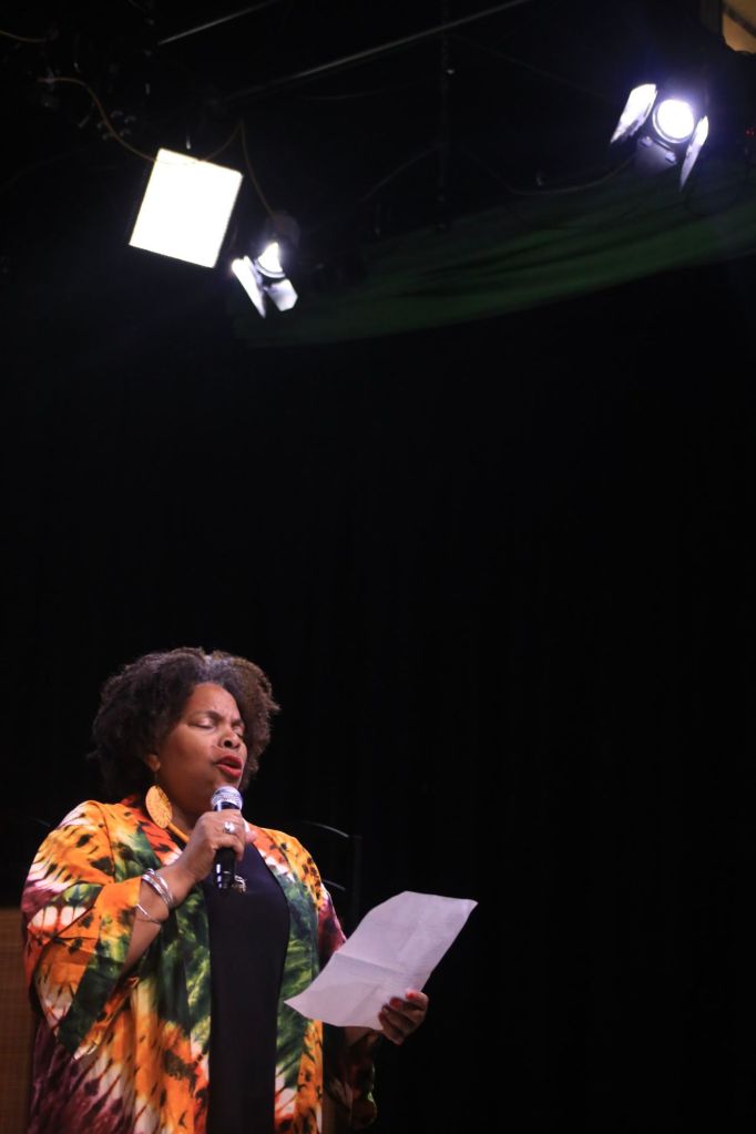 A Photo of Toni at the Philly Cam studios reciting a poem
